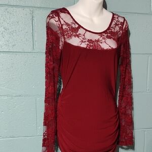 Deep Burgundy Long Sleeve Lace Mini Dress